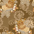 Seamless pattern bouquet flowers and openwork on brown background. Vector. Royalty Free Stock Photo